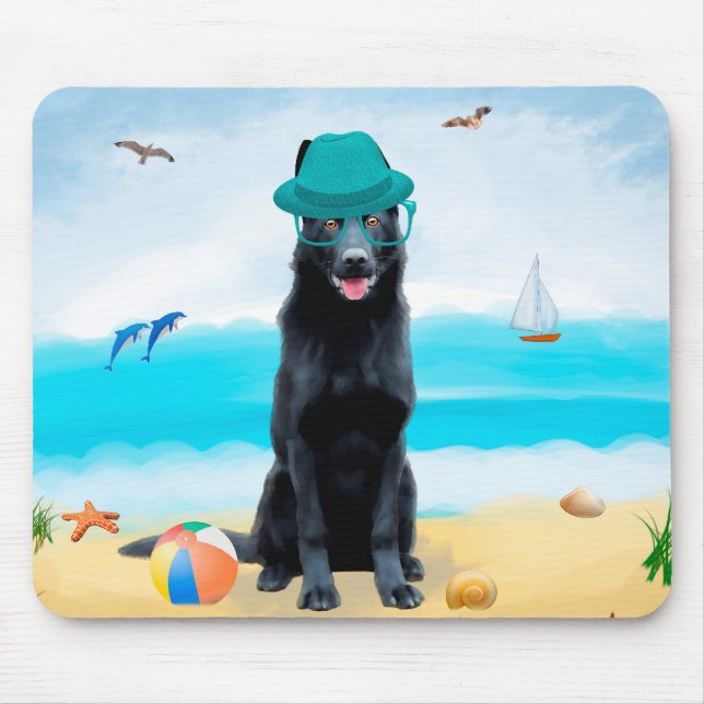 Black German Shepherd Hund på Beach Musmatta (Framsidan)