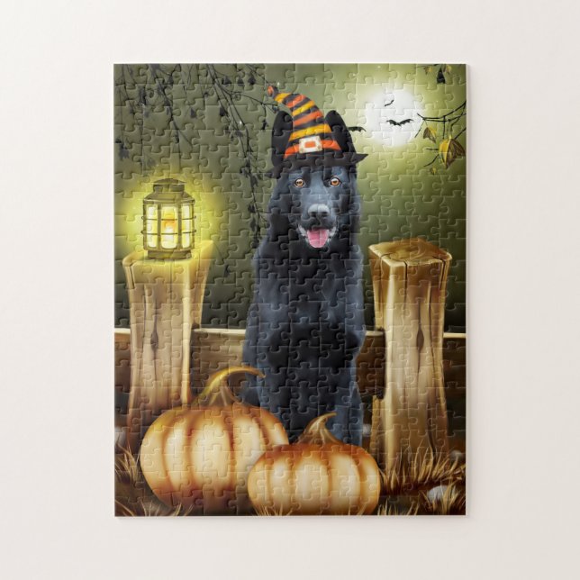 Black German Shepherd Hund Witch Hat Halloween Pussel (Vertikal)
