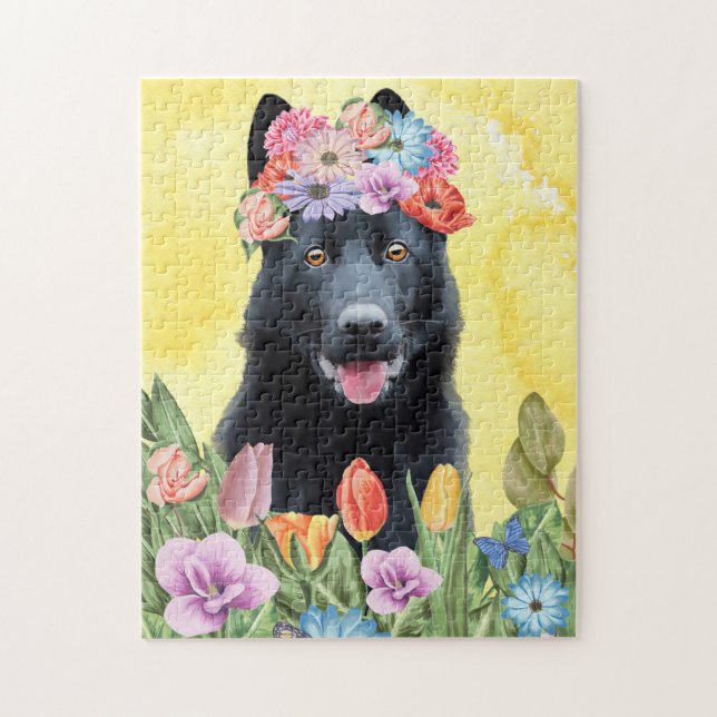 Black German Shepherd Hund with Flowers Vår Pussel (Vertikal)