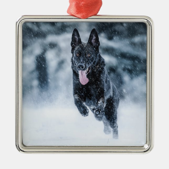 Black German Shepherd i snö Duvet Cover Julgransprydnad Metall (Framsidan)
