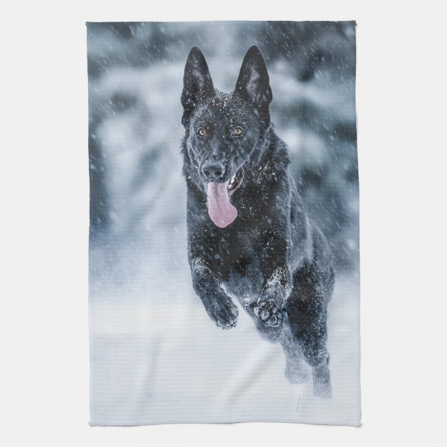 Black German Shepherd i snö Duvet Cover Kökshandduk (Vertikal)