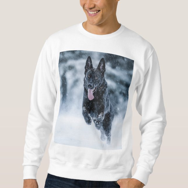 Black German Shepherd i snö Duvet Cover Lång Ärmad Tröja (Framsida)