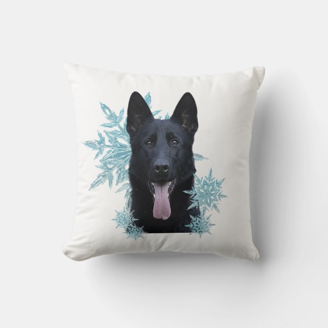 Black German Shepherd i Snöflingor Kudde (Framsida)