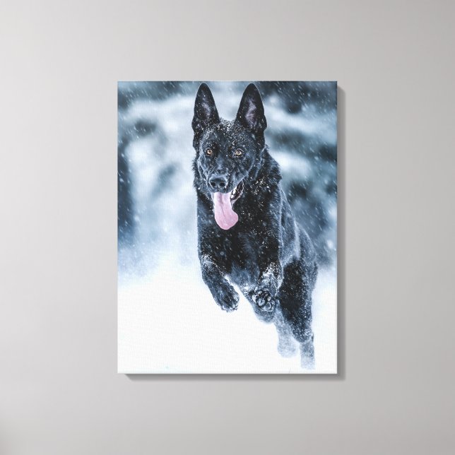 Black German Shepherd in snow Duvet Cover Canvastryck (Framsida)