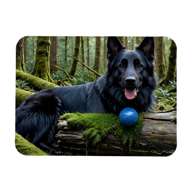 Black German Shepherd med Boll Magnet (Horisontell)