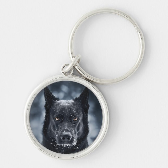 Black German Shepherd Rund Silverfärgad Nyckelring (Framsidan)