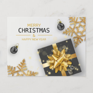 Black Gift Box Guld Snöflingor Bollar Helg Vykort