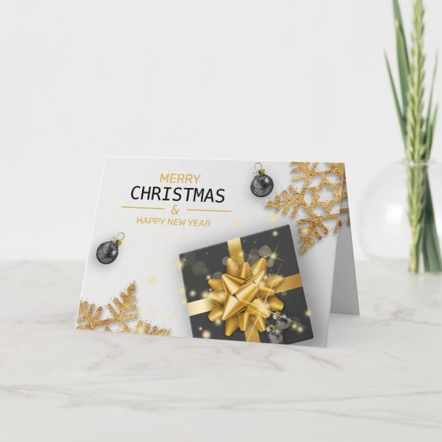 Black Gift Box Jul Bollar Guld Snöflingor Kort (Framsida)