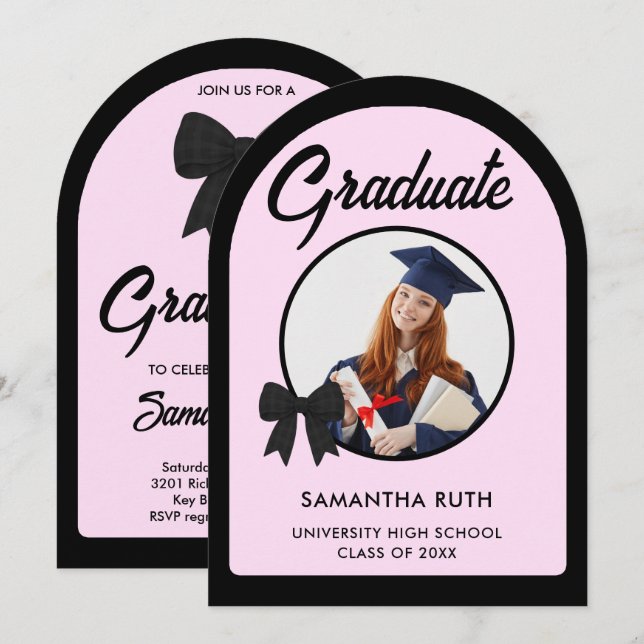 Black Gingham Bow Arch Photo Graduation Party Inbjudningar (Fram/baksida)
