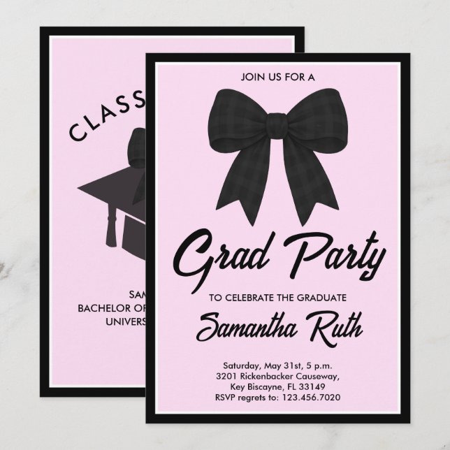 Black Gingham Bow Graduation Party Inbjudningar (Fram/baksida)
