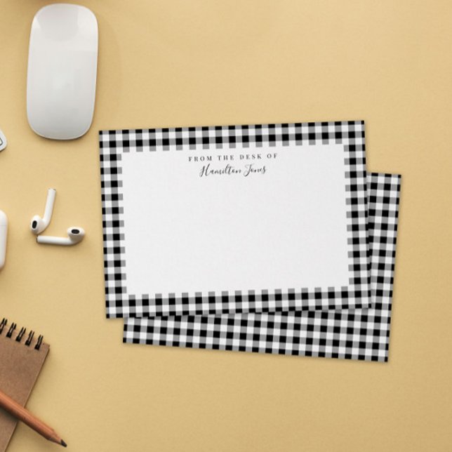 Black Gingham Check from the Desk of the Tack Kort (black and white gingham check personal stationery note cards with name and "from the desk of")