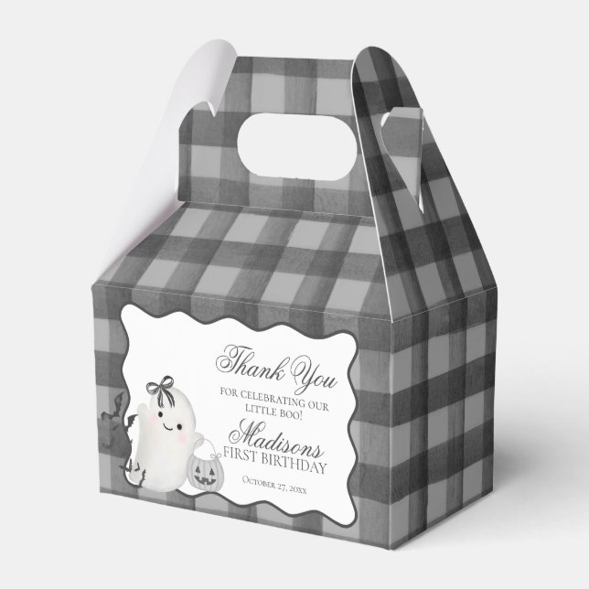 Black Gingham Cute Boo Ghost Birthday Favors Gable Presentaskar (Framsidan Sidan)