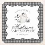 Black Gingham Little Boo Ghost Baby Shower Bar Underlägg Papper Kvadrat<br><div class="desc">A little boo is almost due! Get ready for a spooktacular celebration with our Cute Ghost theme party decor! This charming design features an adorable ghost holding a pumpkin candy basket, set against a black wavy border and a preppy gingham background. Perfect for a fun and festive Halloween celebration. Let's...</div>
