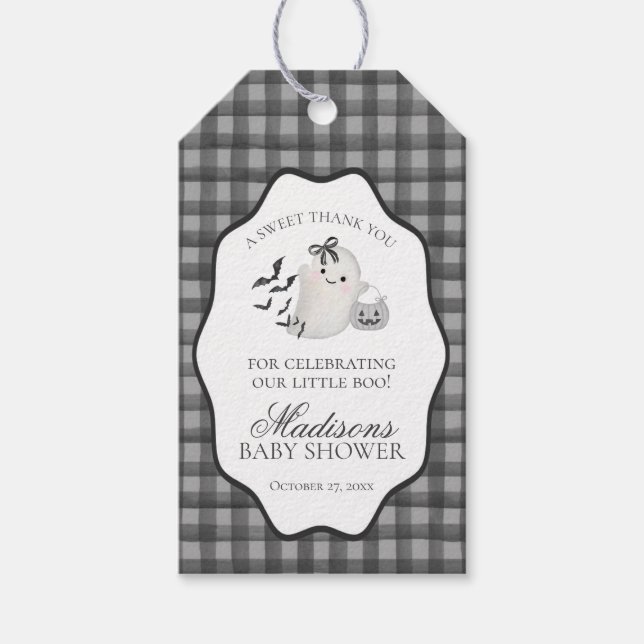 Black Gingham Little Boo Ghost Baby Shower Favors Presentetikett (Framsidan)