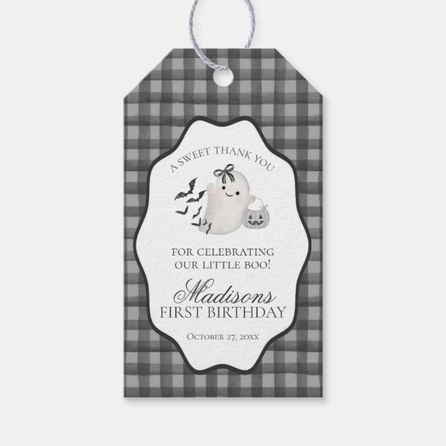Black Gingham Little Boo Ghost Birthday Favors Presentetikett (Framsidan)