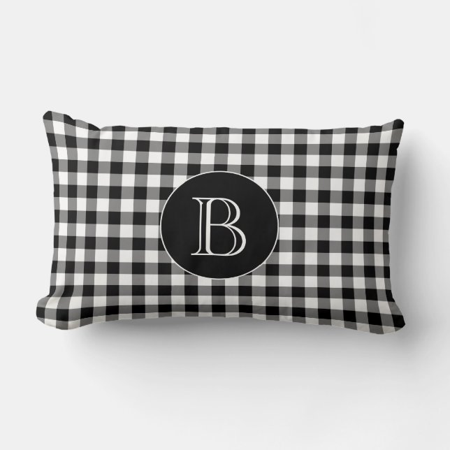Black Gingham Mönster Anpassningsbar Monogram Lumbarkudde (Framsida)