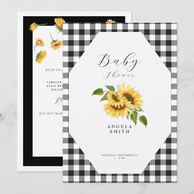 Black Gingham Solros Generic Baby Shower Inbjudningar (Fram/baksida)