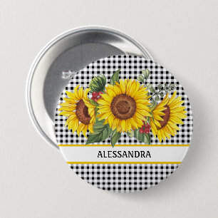 Black Gingham Solros Party Namn bricka Button Knapp