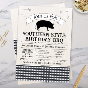 Black Gingham Southern BBQ Gris Roast Birthday Inbjudningar