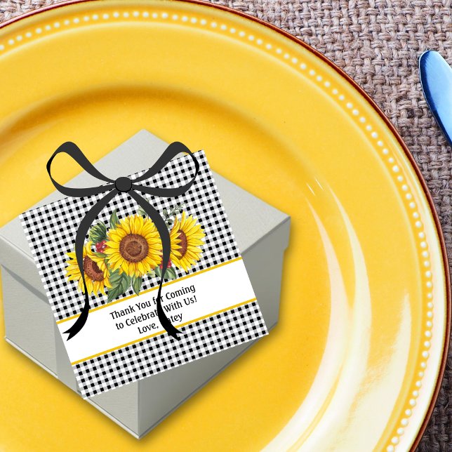 Black Gingham & Sunblommor Party FavoritMärkre Gåvor Etiketter (Thank you favor tag - Sunflowers and Gingham Rustic Country custom tag)