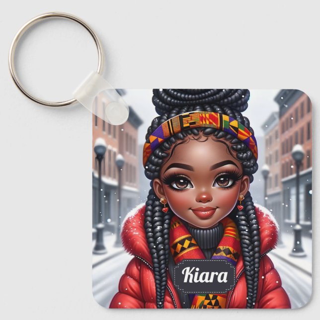 Black girl African American med Braids Nyckelring (Framsida)