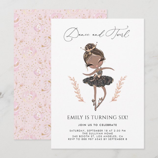 Black Girl Ballerina i Black Dress Birthday Inbjudningar (Fram/baksida)
