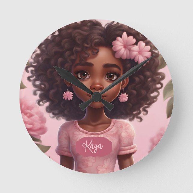 Black Girl Clock Personlig Rund Klocka (Framsida)