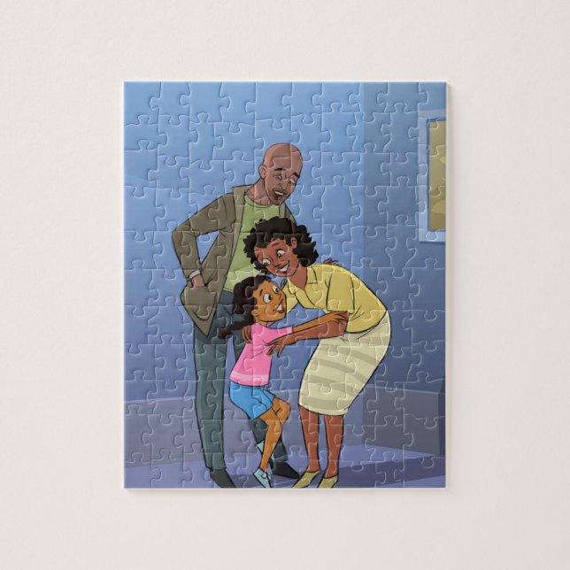 Black Girl med Morsa och Pappa Tecknad Jigszle Puz Pussel (Vertikal)