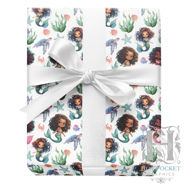 Black Girl Mermaid Birthday Gift Wrap in White Presentpapper (Skapare uppladdad)