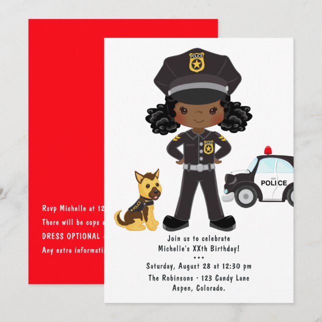 Black Girl Police Officer Party Birthday Inbjudningar (Fram/baksida)