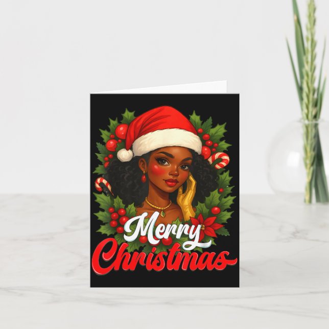 Black Girl Santa Hat Merry Christmas Pajama Africa Kort (Framsida)