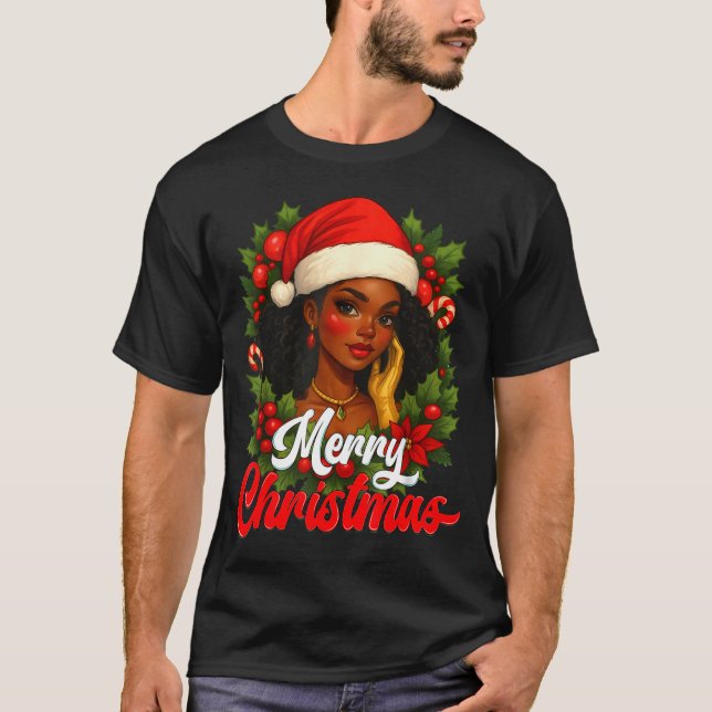 Black Girl Santa Hat Merry Christmas Pajama Africa T Shirt (Framsida)