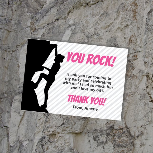 Black Girl Sten klättrar upp Party Tack Kort (Black Girl Rock Cllimbing Birthday Thank You Cards featuring a girl with afro puffs. Gray and pink)
