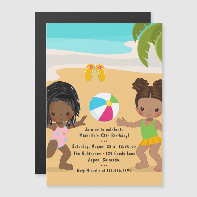 Black Girl Summer Beach Födelsedagsfest Magnetisk Inbjudningskort (Fram/baksida)