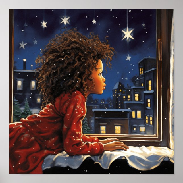 Black Girl Tittar på Himlar för Santa Poster (Framsidan)