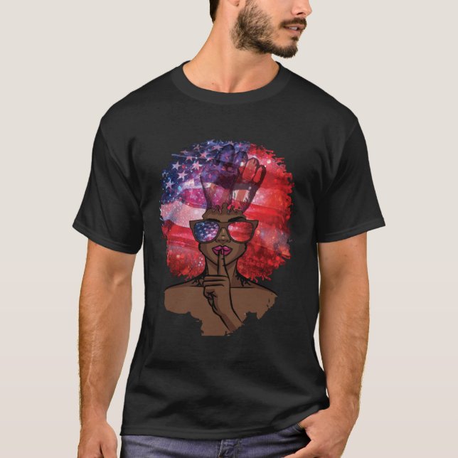 Black Girl US Flag Melanin Afro Hair African Ameri T Shirt (Framsida)
