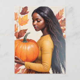 Black Girl with Pumpkin Höst löv Vykort