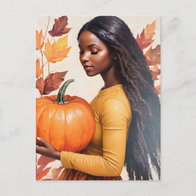 Black Girl with Pumpkin Höst löv Vykort (Framsida)