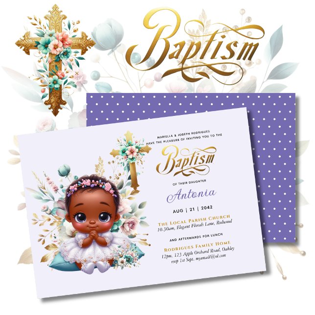 Black Girl's BAPTISM Lila Guld Blommigt Kor Inbjudningar (Skapare uppladdad)