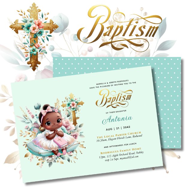 Black Girl's BAPTISM Rosa Guld Blommigt Kor Inbjudningar (Skapare uppladdad)