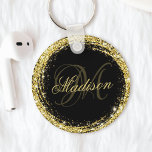 Black Glam personlig Glitter Nyckelring<br><div class="desc">Anpassa enkelt den lyxglam som ramade upp nyckelkedjan guld glitter med ditt eget namn och monogram.</div>