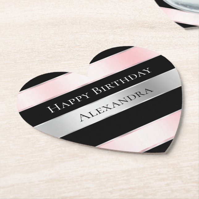 Black Glam Silver  Rosa Ribbon Birthday Underlägg Papper (Vinklad)