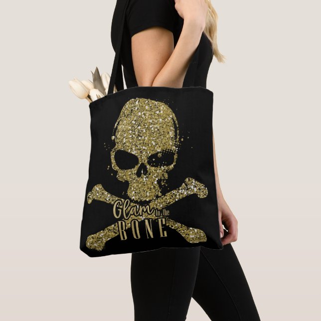 Black Glam to Bone Guld Glitter Skull Beauty Tygkasse (Närbild)