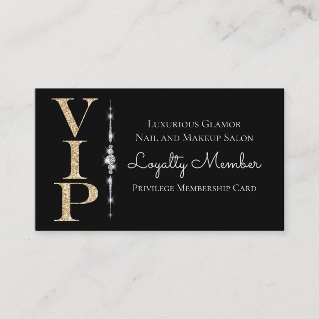 Black Glamous Diamonds Guld Glitter VIP Loyalty Visitkort (Framsida)