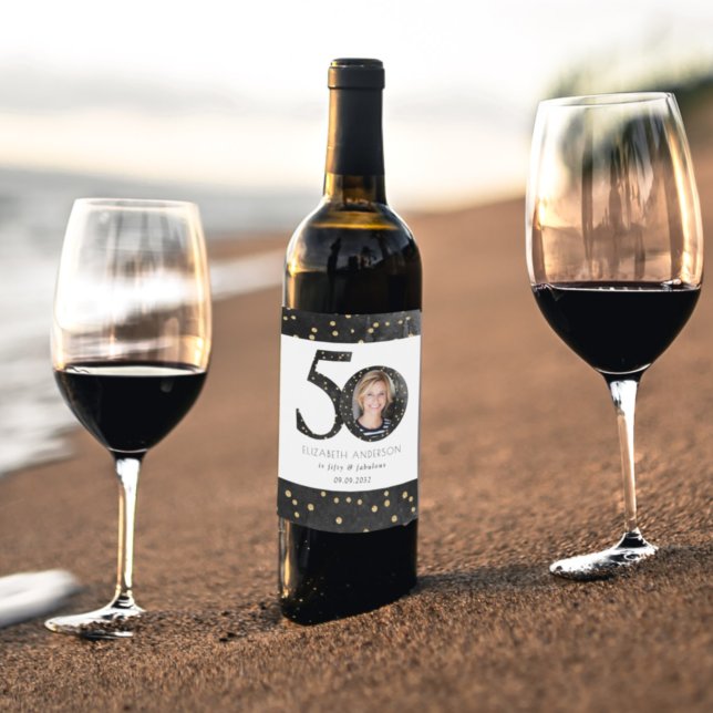 Black Glitter 50 & Fabulous Photo Vinflaska Etikett (Skapare uppladdad)