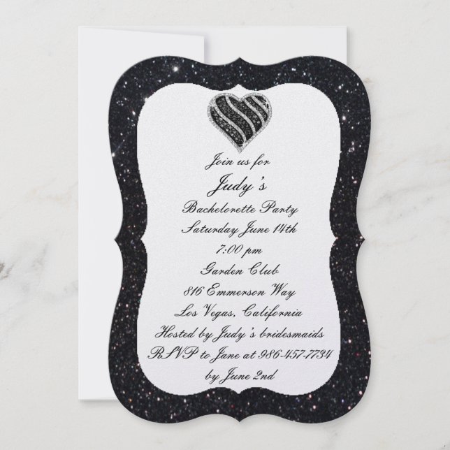 Black Glitter Black Heart Bachelorette Party Inbjudningar (Framsida)