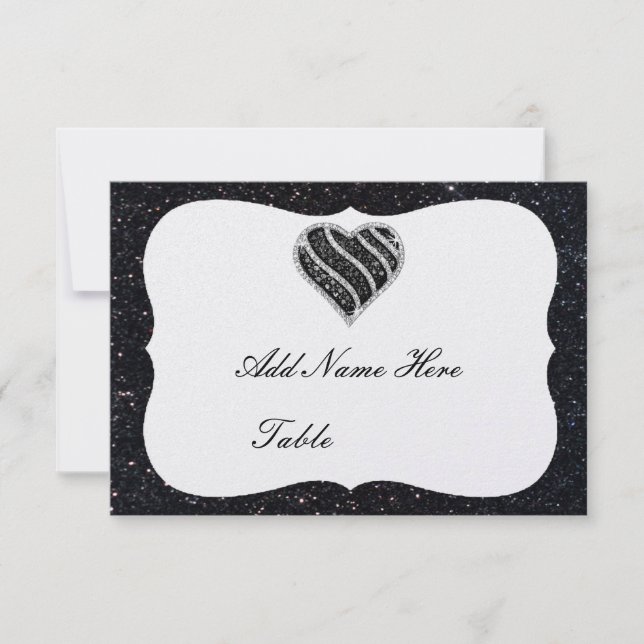 Black Glitter Black Heart Bord Place Card Inbjudningar (Framsida)