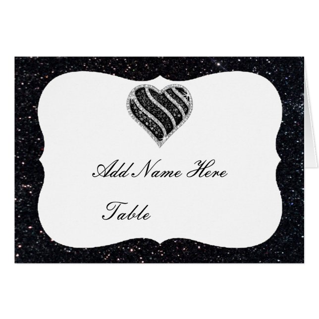 Black Glitter Black Heart Bord Place Card OBS Kort (Framsidan Horizontal)