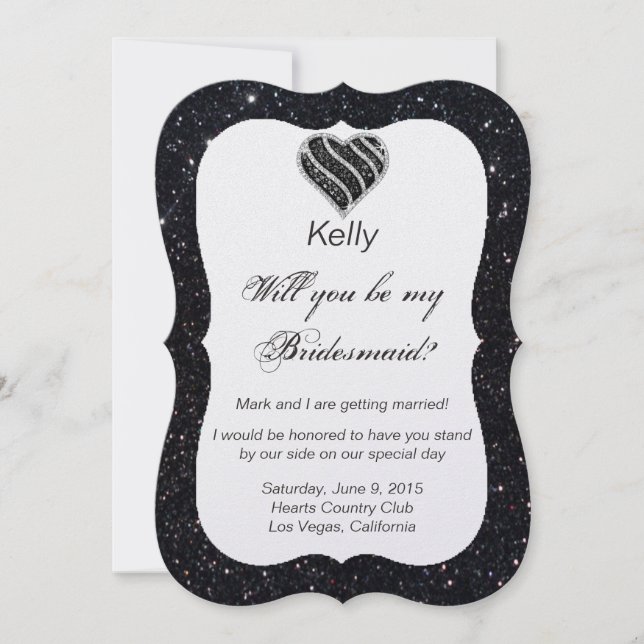Black Glitter Black Heart Bridesmaid Card Inbjudningar (Framsida)