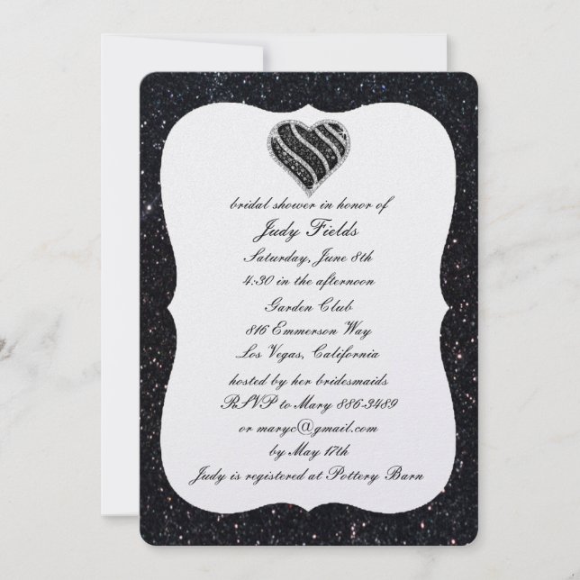 Black Glitter Black Heart Inbjudningskort för möhi (Framsida)